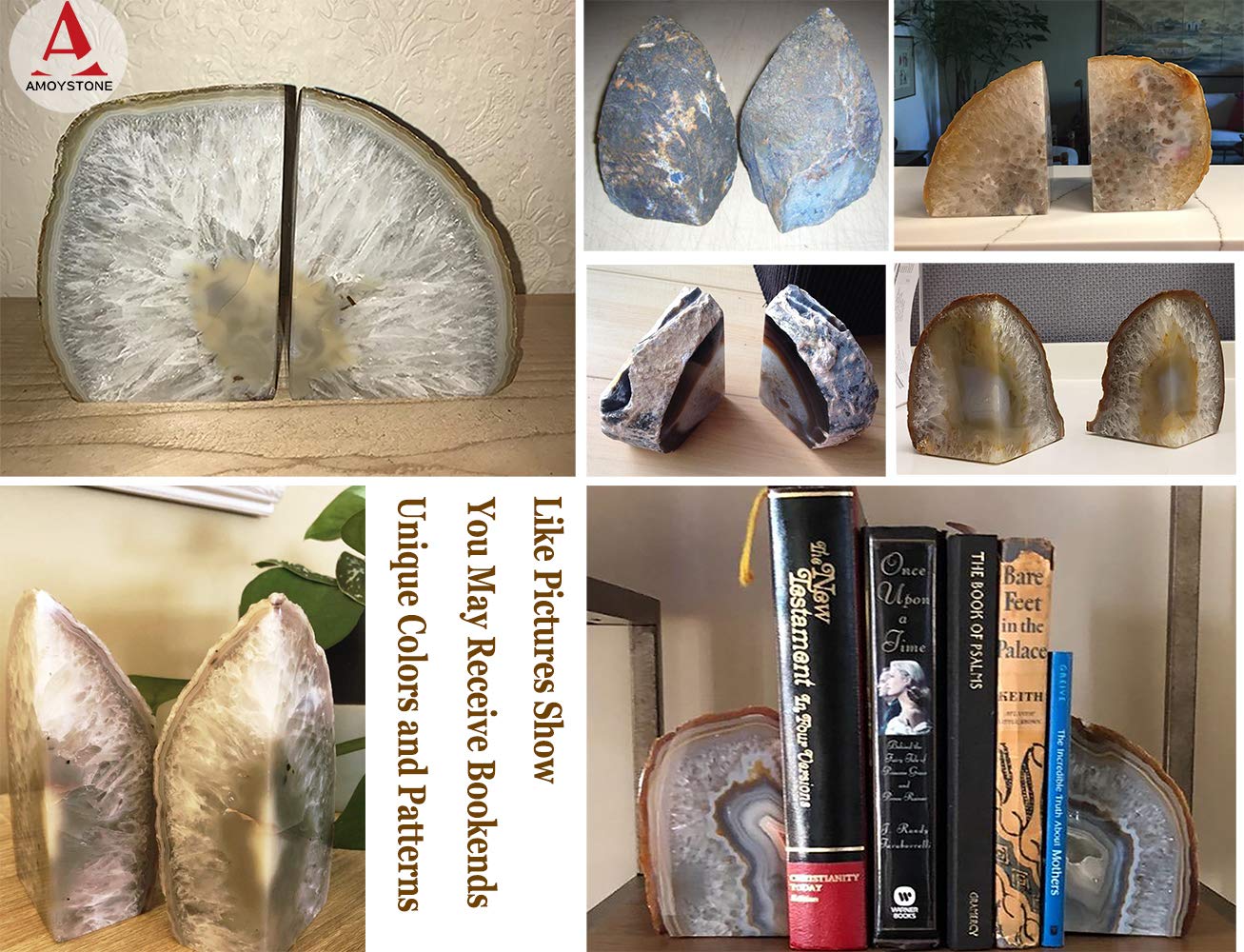 AMOYSTONE Agate Bookends for Shelf Decorative Geode Book Ends for Heavy Books Crystal Bookends for Shelves Nature Brown Small(1 Pair, 2-3 LBS)