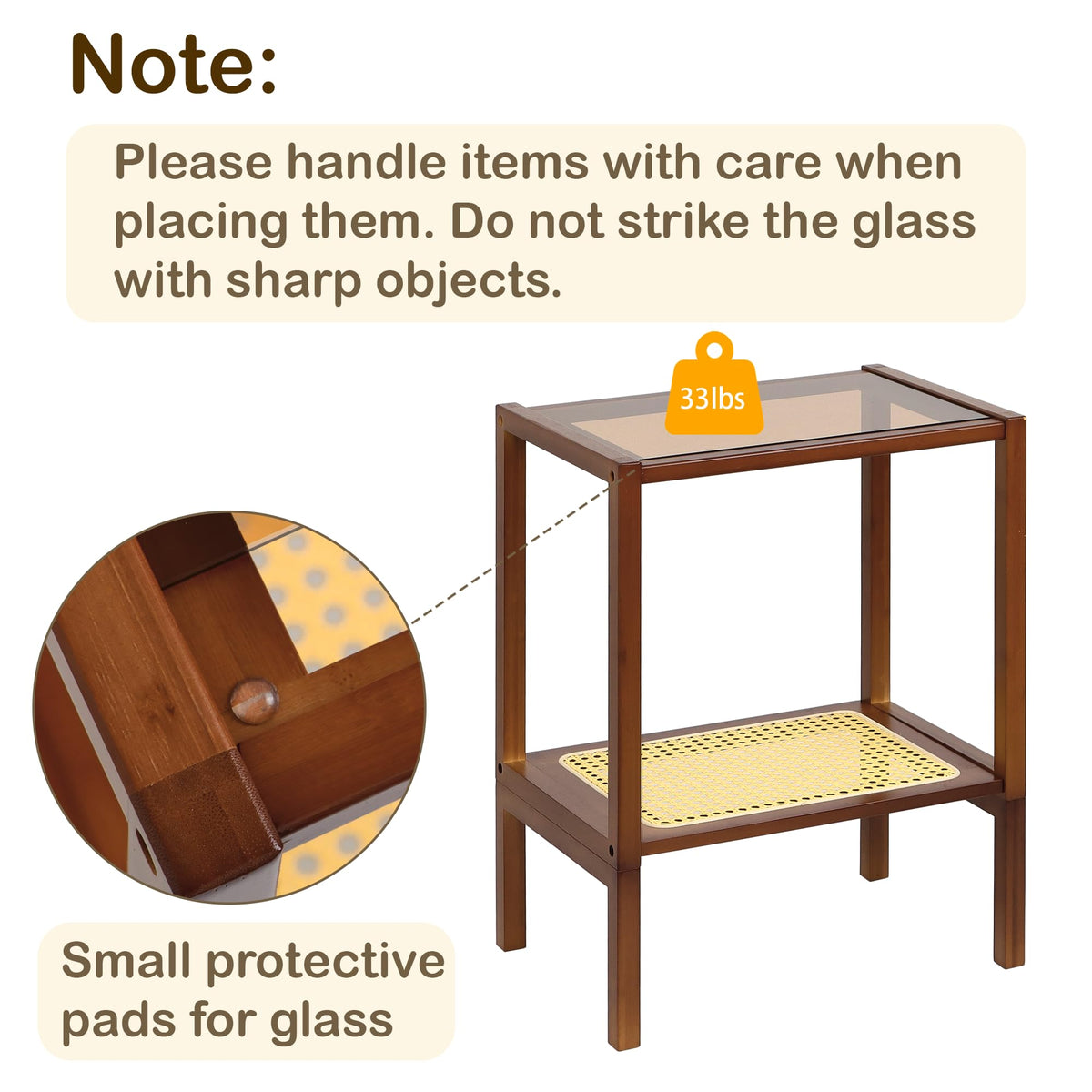 Mordchil HF 2-Tier Bamboo Side Table, Modern Glasstop Rattan Side Table, Mid Century Wood Sofa-Side End Tables for Living Room, Bedroom Night Stand with Storage, Small Narrow Coffee Tables, Walnut