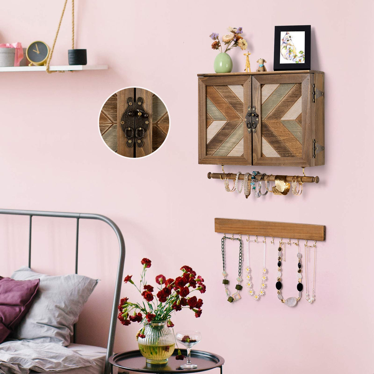 ikkle Wooden Jewelry Organizer Wall Mounted, Hanging Jewelry Holder with Removable Bracelet Rod and Hooks for Necklaces Earrings Bracelets Rings, Brown