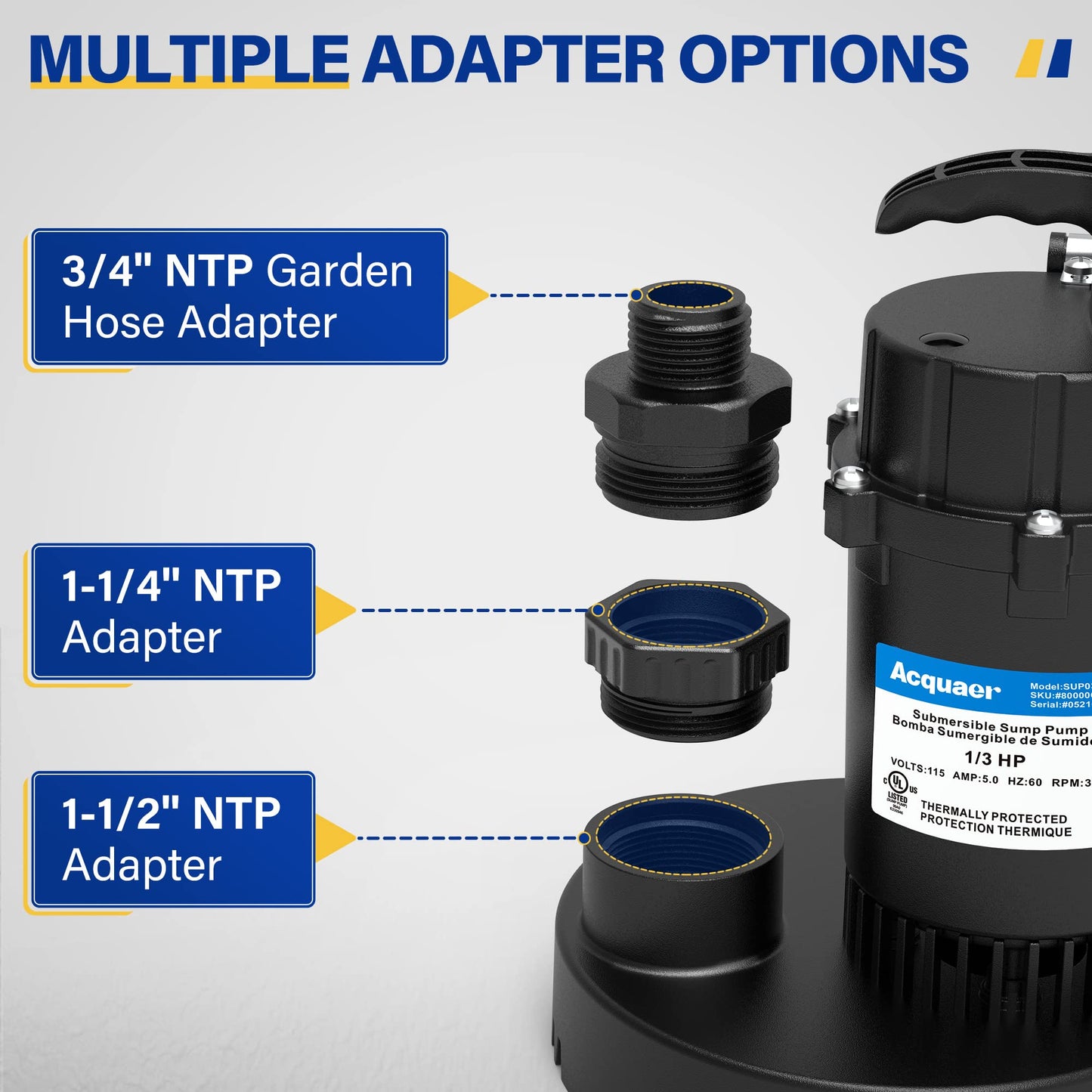 Acquaer Sump Pump Submersible Clean/Dirty Water Pump with Adjustable Float Switch for Garden Pool, Basement, Flooded House, Hot Tub and Irrigation, 1/3HP 3040GPH