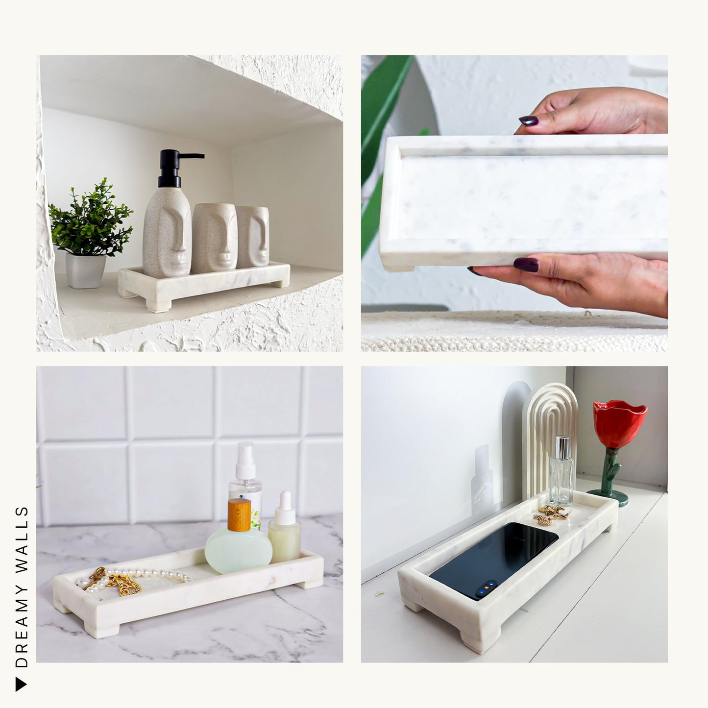 Dreamy Walls Banswara White Marble Vanity Tray - 11×4 Inch | Marble Tray for Bathroom, Perfume, Jewellery & Dressing | Trinket Tray, Bathroom Tray for Toiletries | Anti-Slip | Handmade in India