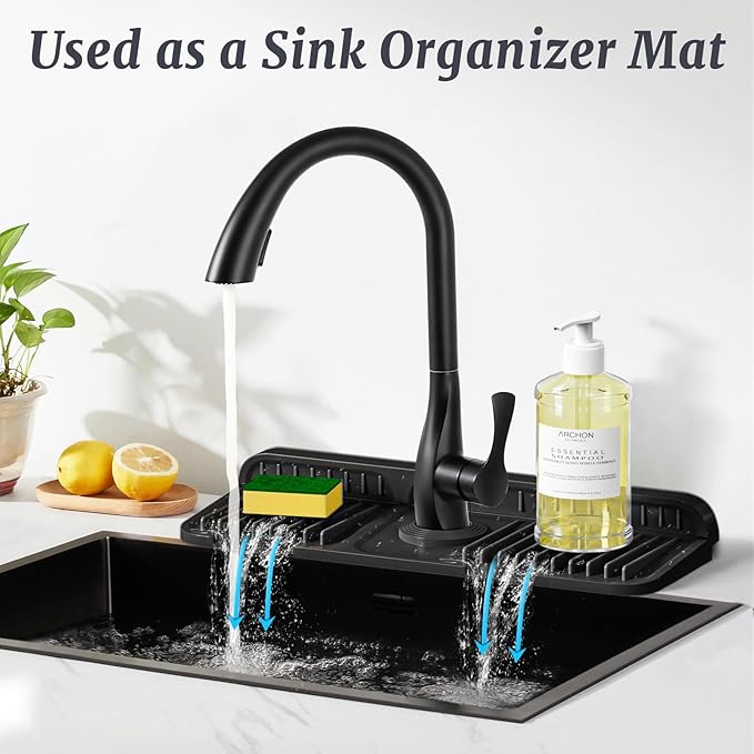 PoYang 14.6 inch Faucet Mat for Kitchen Sink Splash Guard, 7° Slope Silicone