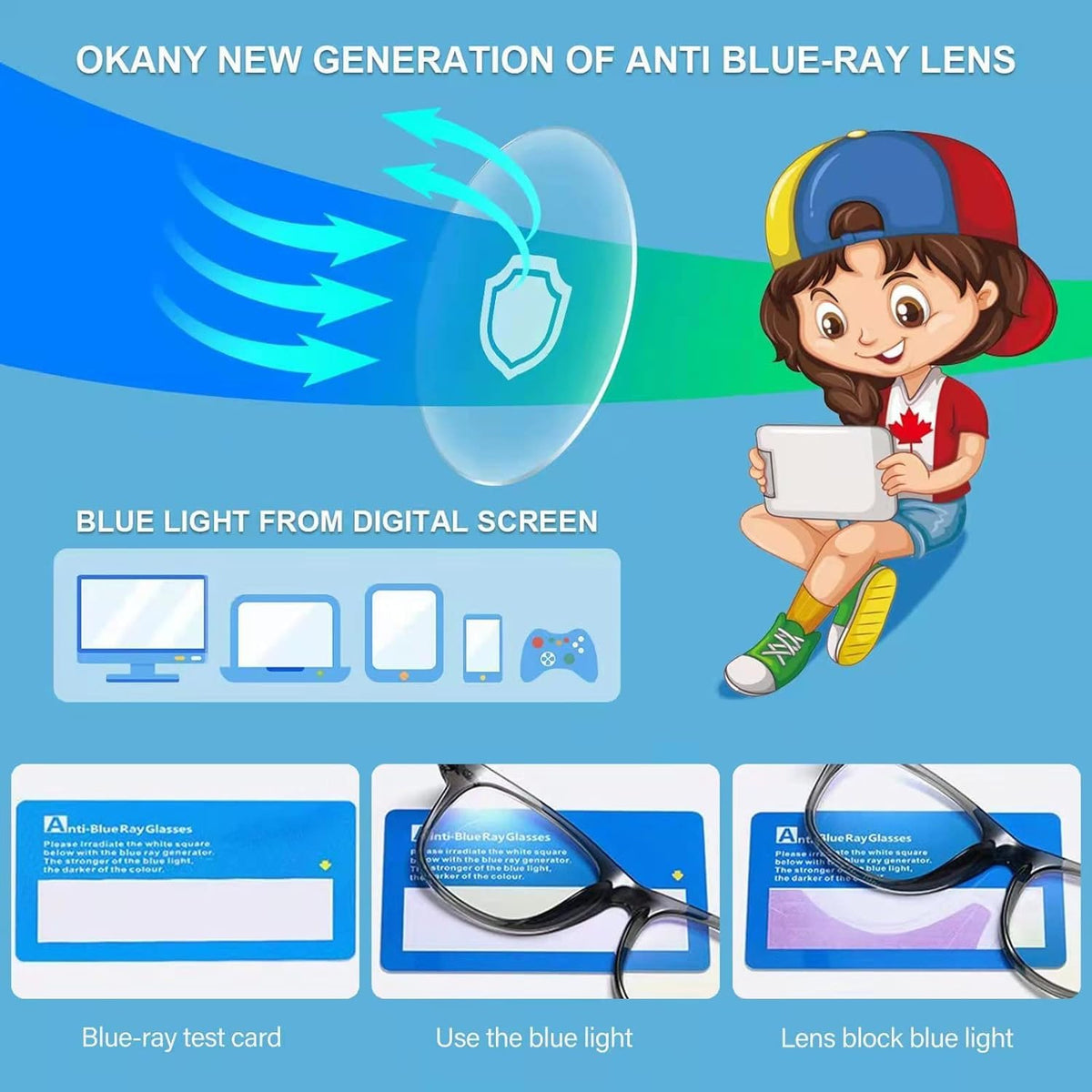 Okany Blue Light Glasses for Kids 3 Pack Blue Light Blocking Glasses for Girls Boys Computer Gaming Screen Glasses, Anti Glare Eyestrain Teen Fashion Glasses Age 3-10 (Grey Black+Transparent+Leopard)