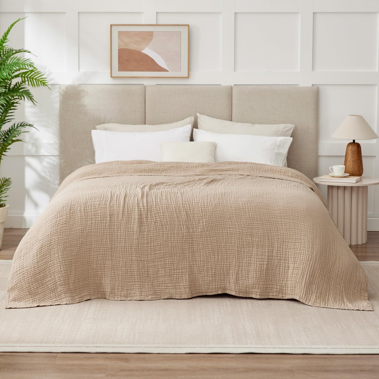 Kozyhvn 100% Cotton King Size Blankets for Bed 108" x 90", 6 Layers Cooling and Soft Muslin Throw Blanket, Lightweight Quilt Bedspread Coverlet, Gauze Blanket for Adults All Season, Linen Beige