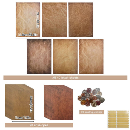 Daily Treasures 40Pcs Vintage Writing Paper and 20 Envelopes Set with 20 Wax Seal Stickers&Adhesive Strips,Unique A5 Stationary Paper and Envelopes Set for Gifts Wedding Birthday Greeting Card(100GSM)