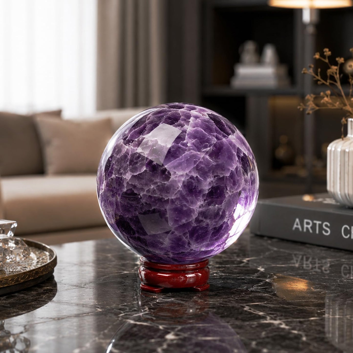 2.36-2.76inch/6-7cm Natural Crystal Ball Amethyst Sphere with Stand, Hand Polished Decorative Sphere Healing Crystals Ball Healing Stone Crafts Fengshui Home Decoration Collect