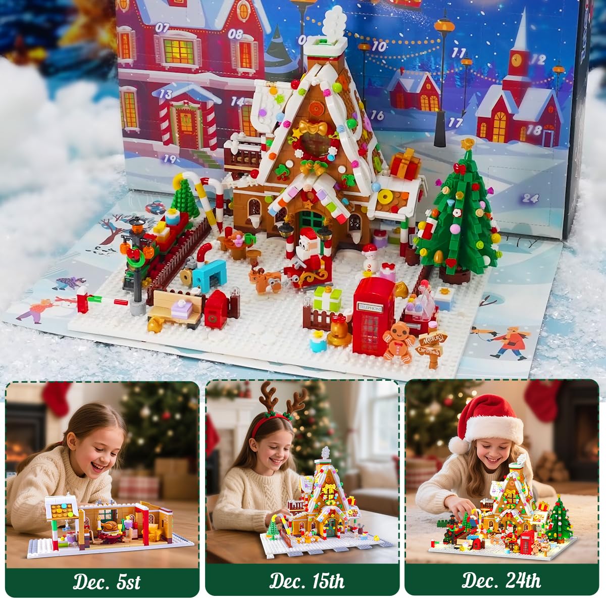 INSOON Advent Calendar 2025 Gingerbread House Mini Building Set with Lights, 24 Days Christmas Countdown Building Block Kit with Xmas Tree Train, Holiday Gift Toy for Adults Teens Girls Boys Ages 10+