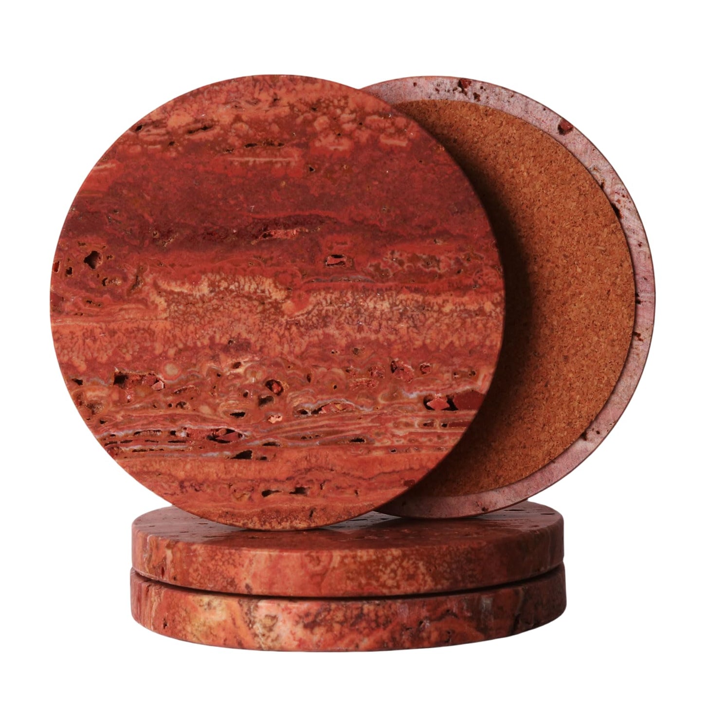 CASACOUTURE-Red Travertine-Stone-Coasters Set of 4-Round -4" Diameter Drink Coasters for Housewarming Desktop Protection Suitable for Various Cups - Sturdy and Durable Aesthetics