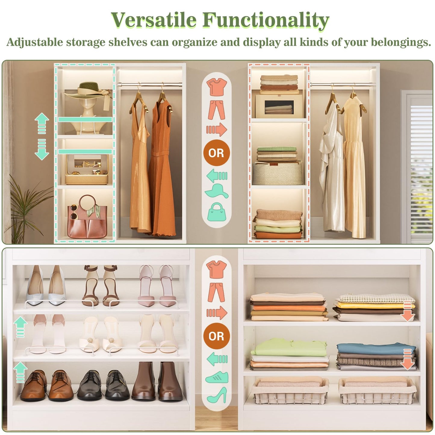 Besiost Closet System, 4.2–8.8 FT Closet Organizer with 2 Wooden Drawers and Shelves, Walk-in Closet System with 5 Hang Rods, Built-in Reach in Closet Tower, Can Fit 60 to 96 inch, White