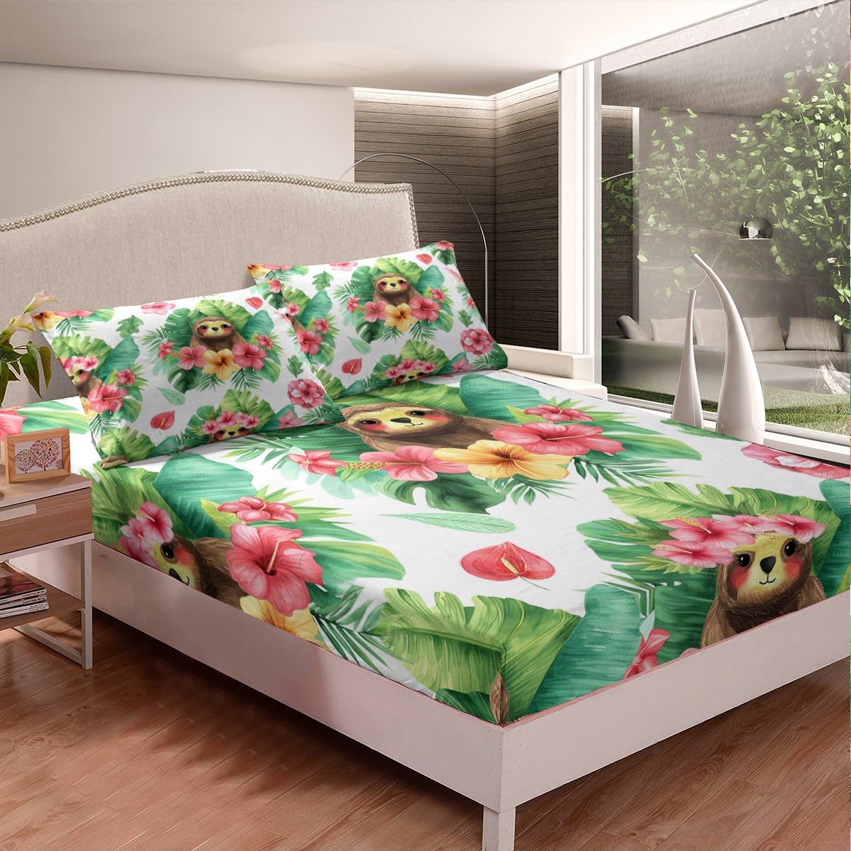 Erosebridal Cartoon Sloth Fitted Sheet Kawaii Sloth Bed Sheets Palm Leaf Cherry Blossom Monstera Sheet Set Hawaiian Tropical Leaf Animal Top Sheet for Kids Boys Girls, 4Pcs Full Size
