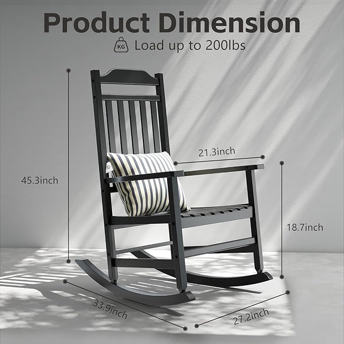 Patio Rocking Chair Outdoor Set of 2,Weather Resistant Poly Resin Oversized Porch Rocker,High Back Smooth Design,350lb Weight Capacity,Indoor Outdoor Use(2, Black)