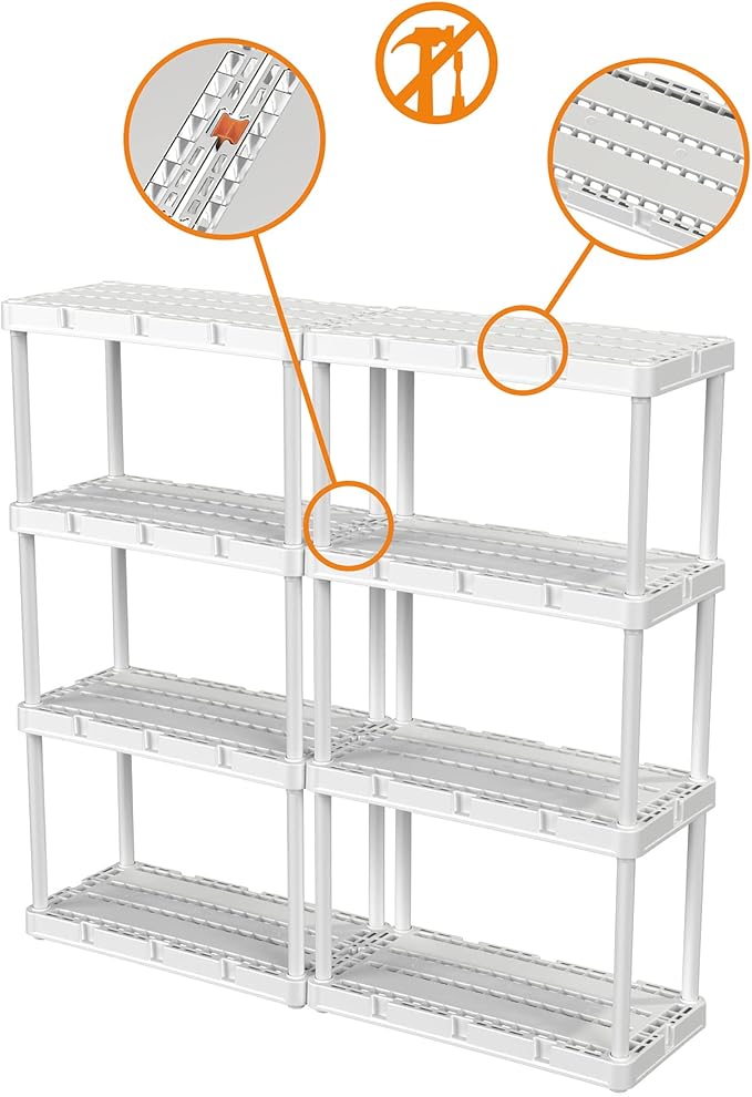 Gracious Living 4 Shelf Knect-A-Shelf Ventilated Light Duty Storage Home Organizer with Adjustable Shelves for Garage, Basement, and Laundry, White