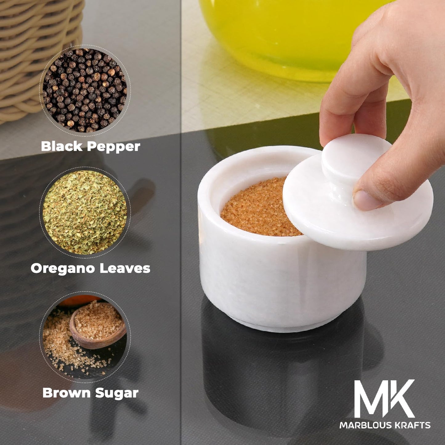 MARBLOUS KRAFTS Marble Salt Cellar with Lid 3" Inch White Salt Box, Stone Salt Container & Spice Jars, Stone Salt Holder for Counter, Spice Jar & Salt Jar