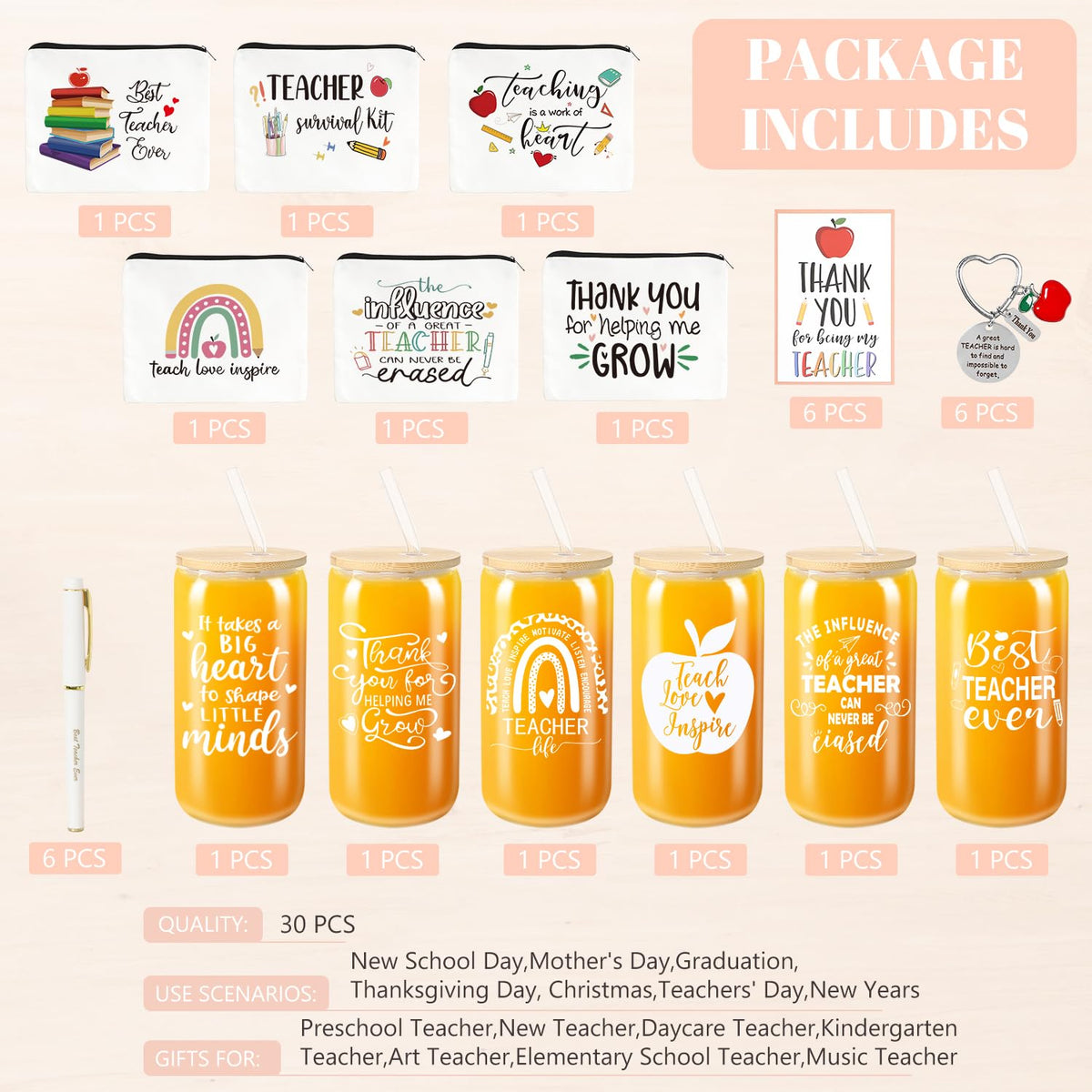 Frerdui 30 Pcs Teacher Appreciation Gift Set - Best Teacher Gifts, Back to School, Thank You Gifts, Retirement Gift for Women, with 16oz Coffee Glass Cup Keychains Zipper Bag Pen Greeting Card