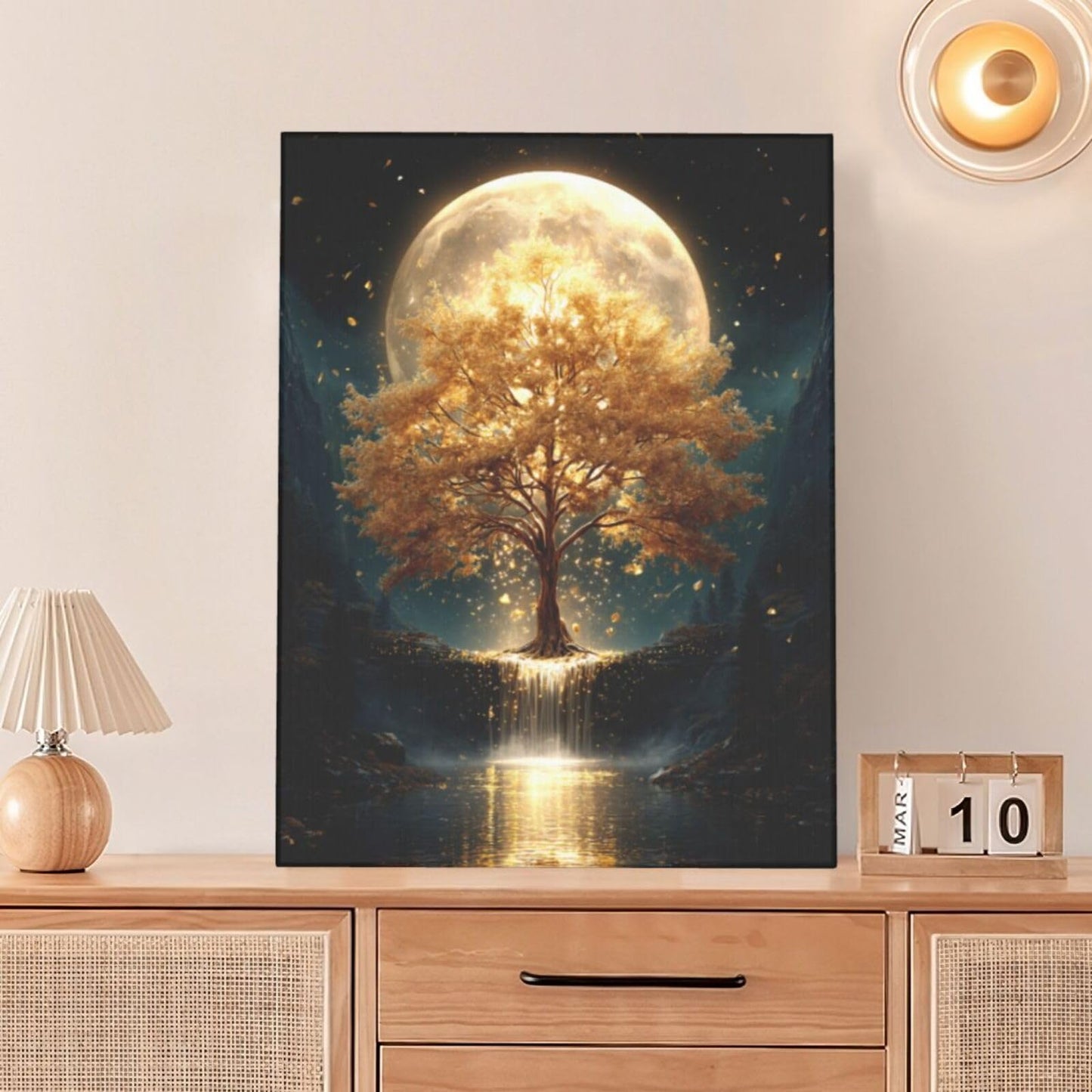Golden Tree Wall Art Fantasy Tree with Moon and Waterfall Canvas Wall Decor Pictures Paintings Prints Mystical Nature Artwork Framed De corations For Meditation Space Bathroom Bedroom Living Room Office Gifts 12" x 16"