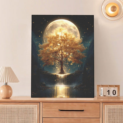 Golden Tree Wall Art Fantasy Tree with Moon and Waterfall Canvas Wall Decor Pictures Paintings Prints Mystical Nature Artwork Framed De corations For Meditation Space Bathroom Bedroom Living Room Office Gifts 12" x 16"