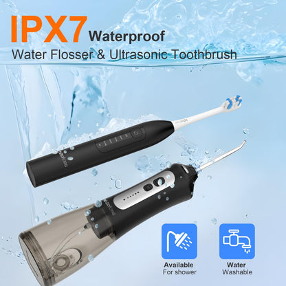 H2ofloss Sonic Electric Toothbrush and Water Flosser Combo, Rechargeable 2000mAh Toothbrush and 2500mAh Oral Irrigator with 300ml Tank, 4 Brush Heads, 5 Nozzles, 2 in 1 for Home and Travel (Black)
