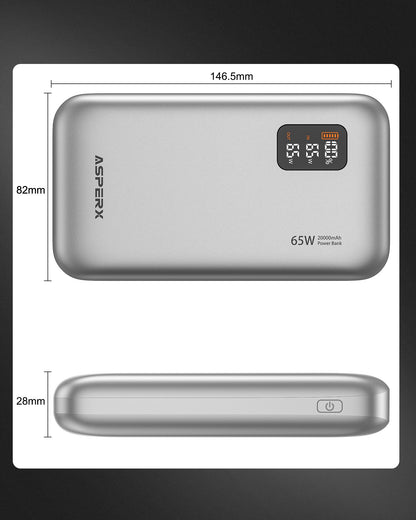 AsperX 65W Power Bank, 20,000mAh Laptop Portable Charger, PD 3.0 Fast Charging Travel Essential USB C Battery Pack for MacBook,iPhone 17/16/15/14 Series,Galaxy S24,Dell XPS, Switch,ipad,Steam Deck