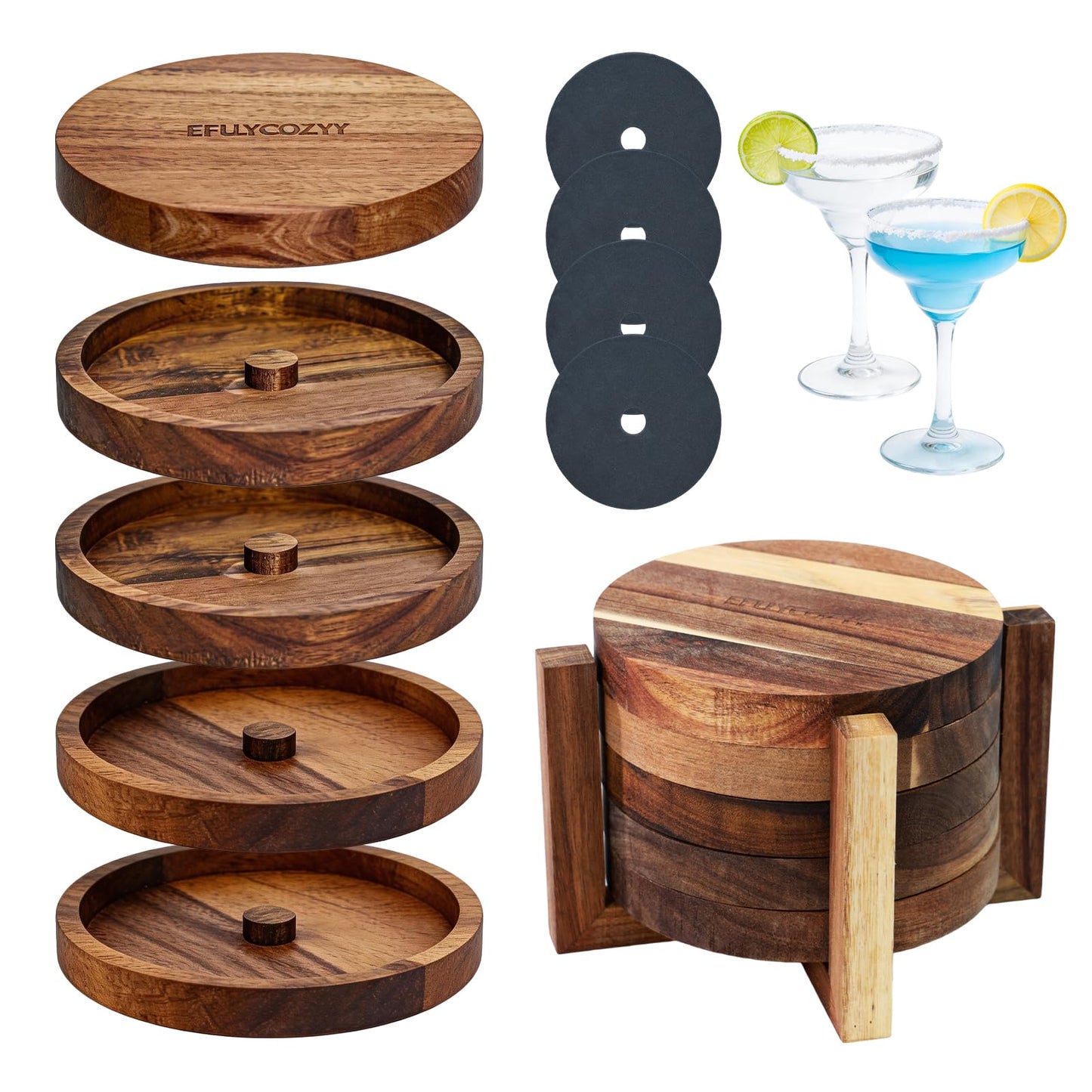 Margarita Salt Rimmer Set, 5-Tier Acacia Wood Salt Rimmer with 4 Sponges, Salt Rimmer for Cocktails, Cocktail Rimmer, Rimmers for Drinks, Glass Rimmer for Margarita Bloody Mary(Stackable Design)