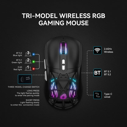 FD Wireless Gaming Mouse,Rechargeable RGB Programmable Macro Mouse,10000 DPI,Tri-Mode 2.4GHz/BT 5.0 with Wired,3.7V 500mAh Built-in Battery for Laptop Desktop PC MacBook Chromebook - Black