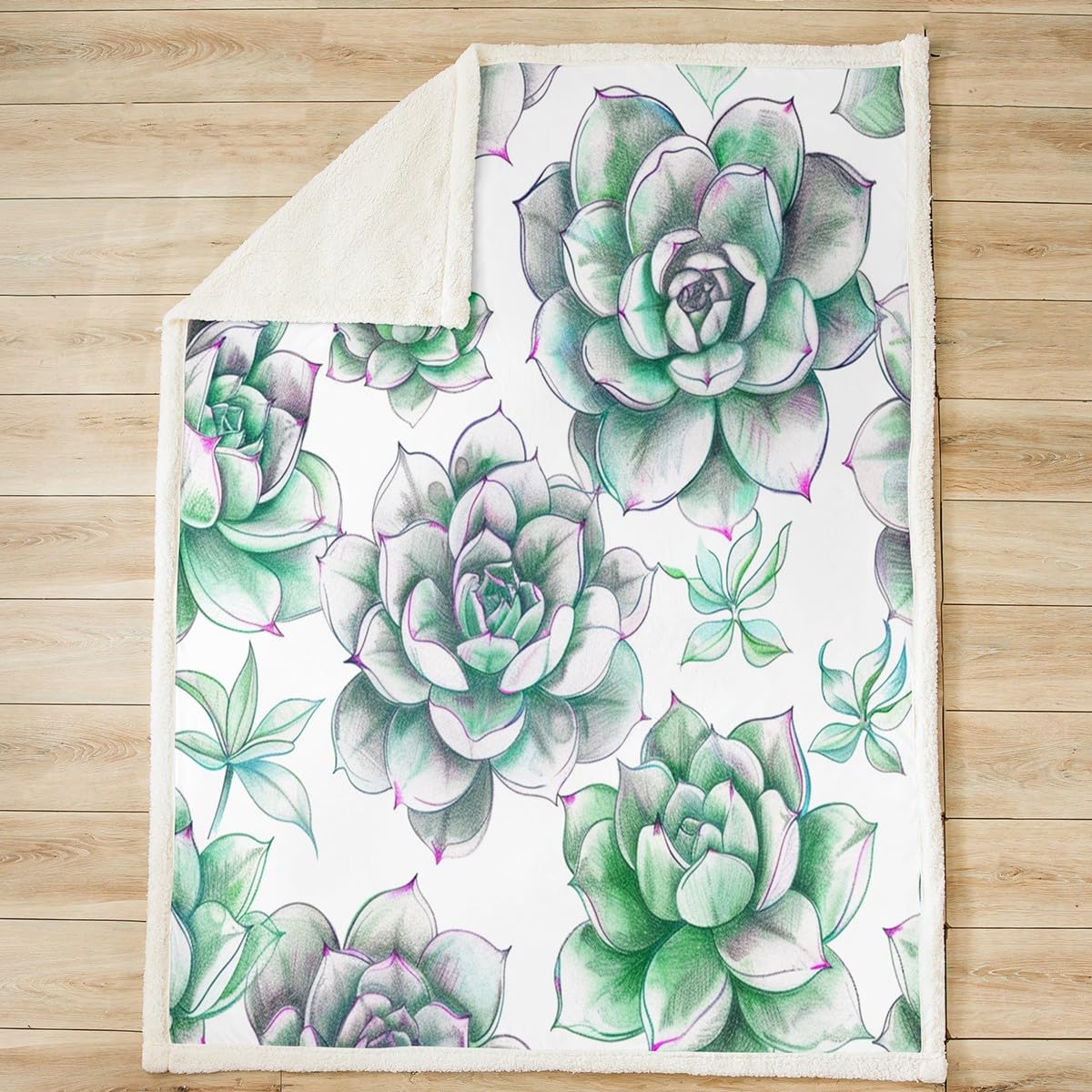Feelyou Boho Succulent Fleece Blanket Botanical Pattern Sherpa Throw Blanket for Sofa Couch Adult Bohemian Style Plush Blanket Green Plants Fuzzy Blanket Room Decor Throw 50"x60"