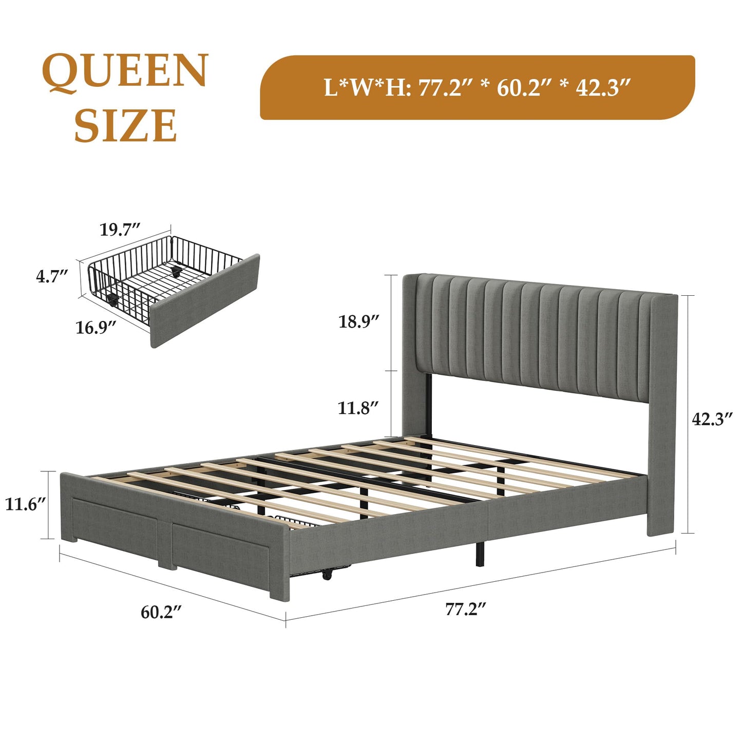 GarveeHome Queen Size Bed Frame, Bed Frame Upholstered Platform Bed with Velvet Headboard, Wing Edge Design, 2 Storage Drawers, No Box Spring Needed, Grey