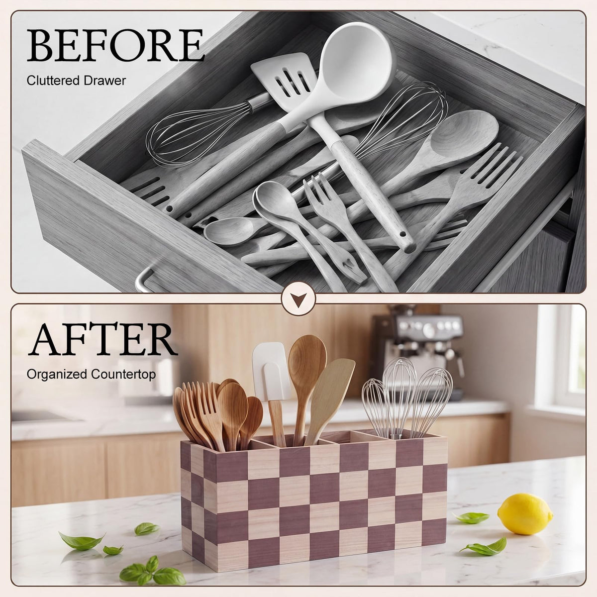 RoRofunny Extra Large Checkerboard Wooden Utensil Holder with 4 Compartments, 15.7" Long Farmhouse Kitchen Organizer, Rustic Cooking Tools Caddy for Countertop Spatulas Spoons Whisks