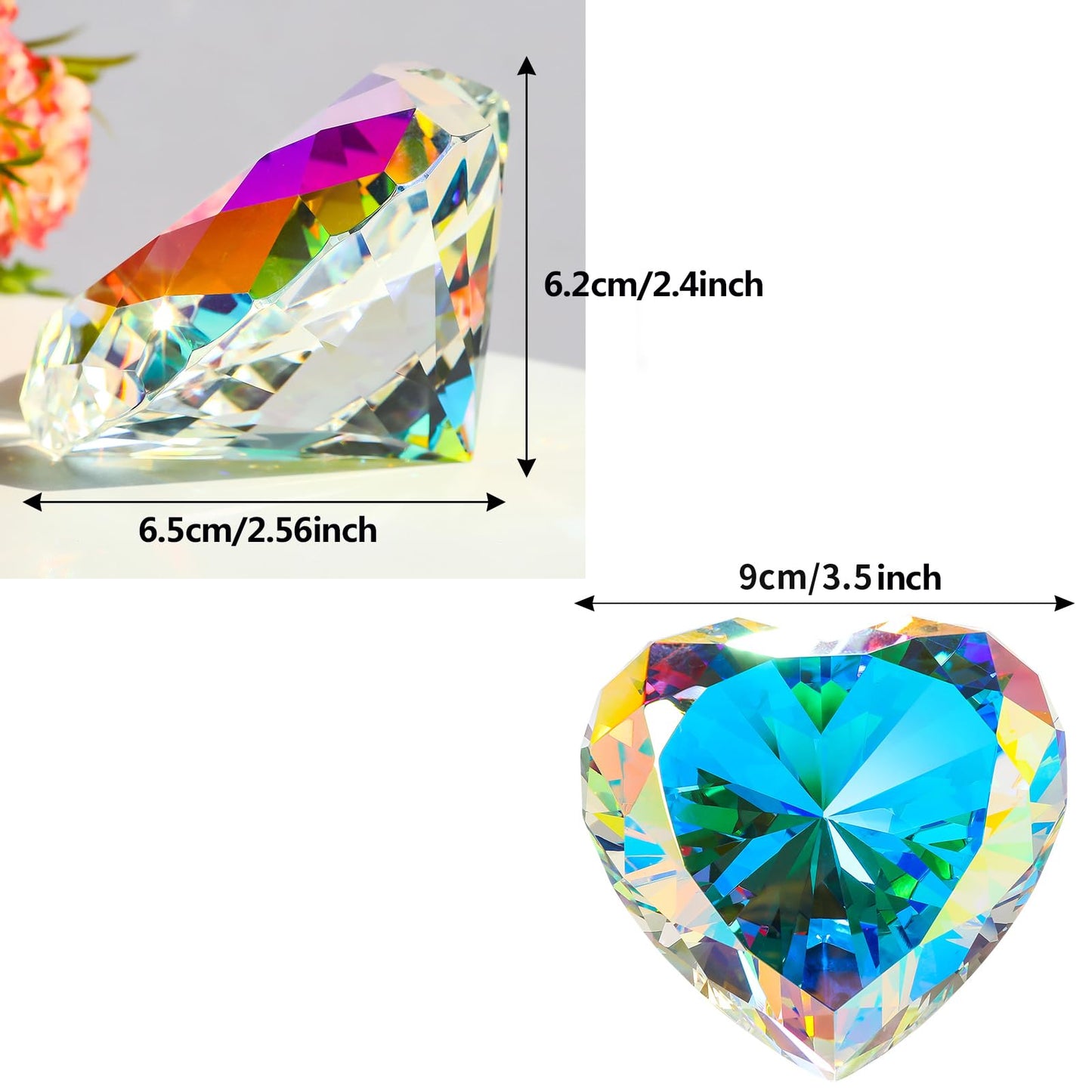 SWTHONY 90mm Crystal Diamond Paperweight Heart Shaped Glass Gems Big Fake Diamonds Paper Weights for Women Desk Wedding Centerpiece AB-Coated