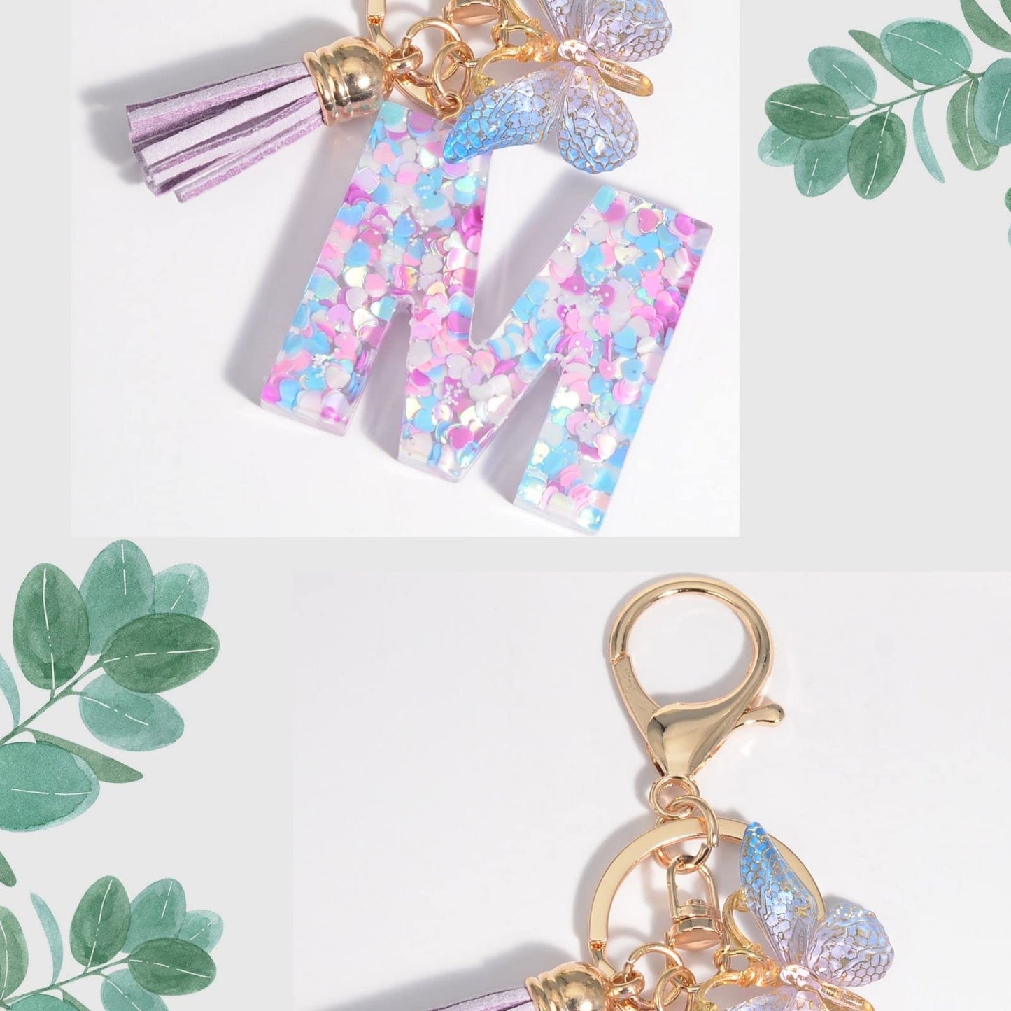Meefisher Purple-Blue Resin Alphabet Initial Letter Bulk A-Z Keychain Tassel Butterfly Pendant Bag Charms Key Ring for Backpack Purse Wallet Handbags Car Keys Women,Cute,V