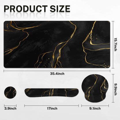 Britimes Black Gold Marble Keyboard Mouse Pad Set 4in1 Large Mousepad+Keyboard Wrist Rest+Mouse Wrist Rest+Coaster Ergonomic Design for Home Office Computer 35.4x15.7 inches