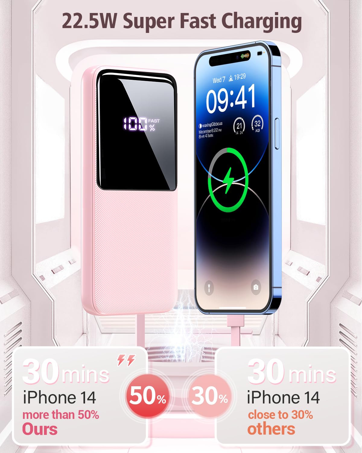 Portable Charger Power Bank - 15000mAh Fast Charging Powerbank Travel Camping Essential Battery Pack with Built in 22.5W Output Cable Compatible with iPhone 17 16 15 14 13 Samsung Google iPad, 1 Pack