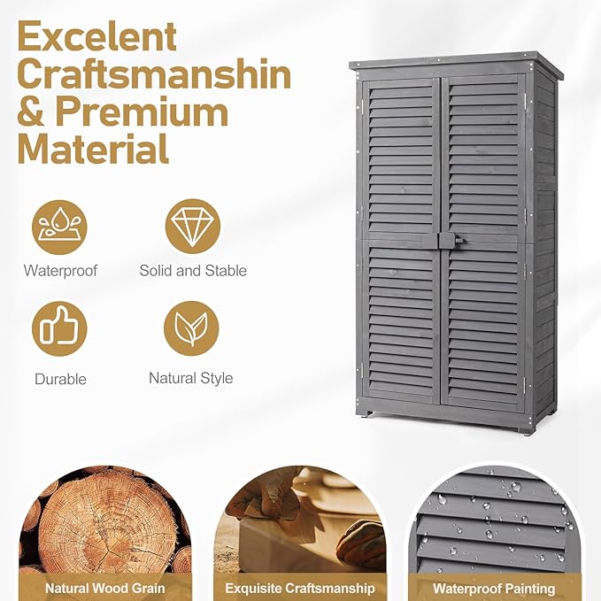 Outvita Outdoor Storage Cabinet, 63in Wooden Garden Tools Shed with 2 Lockable Doors, 3 Adjustable Shelves, Waterproof Roof for Yard Garge Patio Deck Porch（Grey）