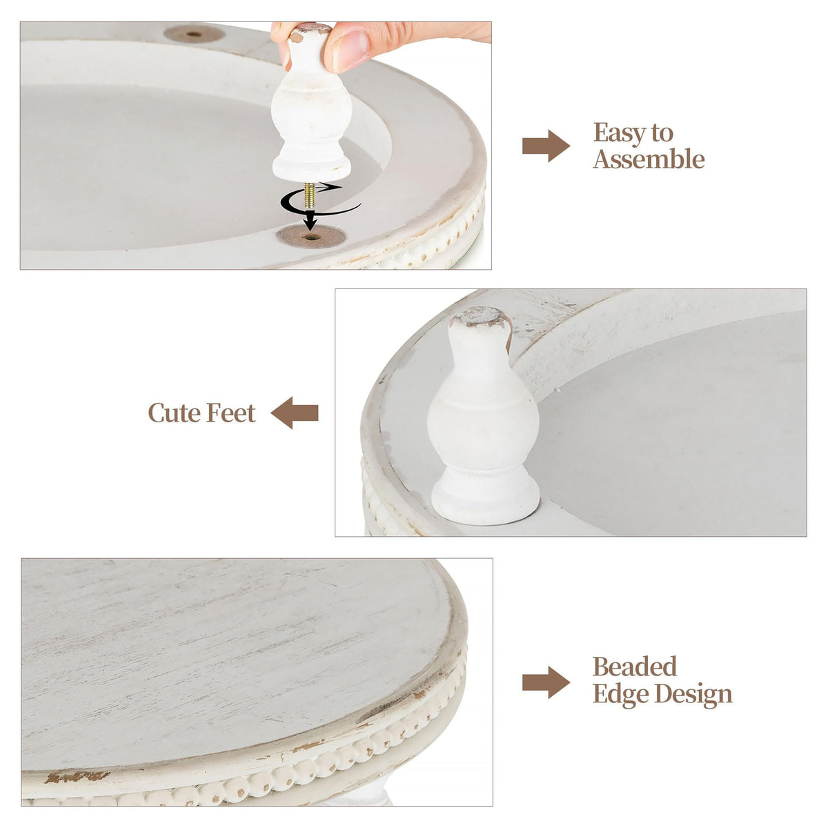 Hanobe Round Decorative Tray Stand: White Beaded Wood Pedestal Risers Farmhouse Circle Display Holder for Coffee Table Home Decor Kitchen Bathroom Counter