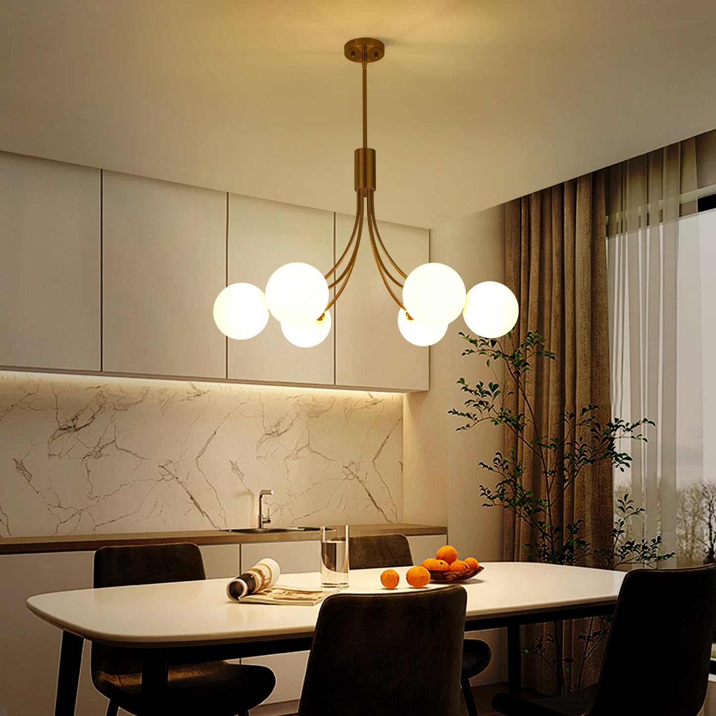 CNRATYE 6-Light Modern Farmhouse Gold Chandeliers for Dining Room Light Fixture, Mid Century Hanging Sputnik Chandelier for Living Room Kitchen Island Bedroom Foyer, Milk White Globe Glass Shade