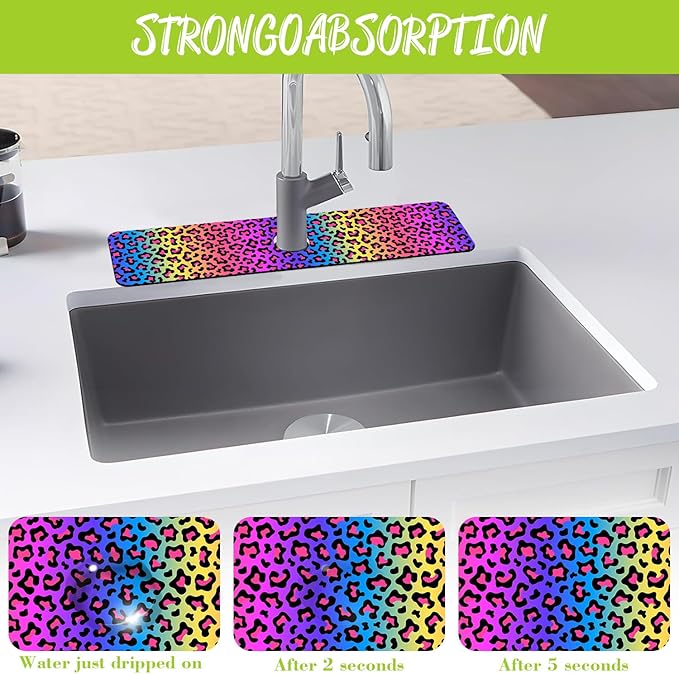 Sink Faucet Absorbing Mat Rainbow Colored Leopard Print Sink Splash Guard