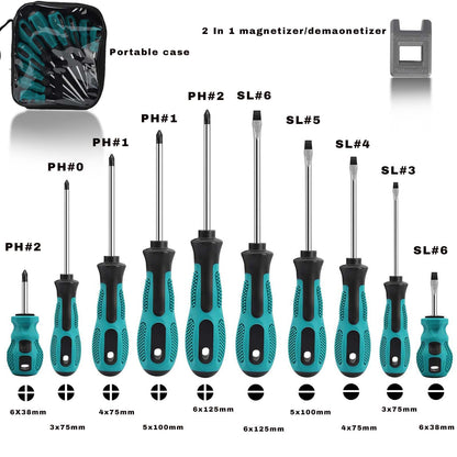 10pcs Screwdriver Set,Heavy Duty Chrome Vanadium Steel Made,Magnetic Screwdriver with 5 Cross& 5 Flat Head,Durable Hand Tools in Carry Bag
