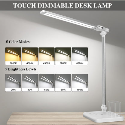 iVict Dual Swing Arm LED Desk Lamps, 5 Light Modes x 10 Brightness Levels Desk Light with USB Charging Port, 45 Minutes Auto Timer Table Lamp, Desk Lamp for Home Office, Bedroom, Reading