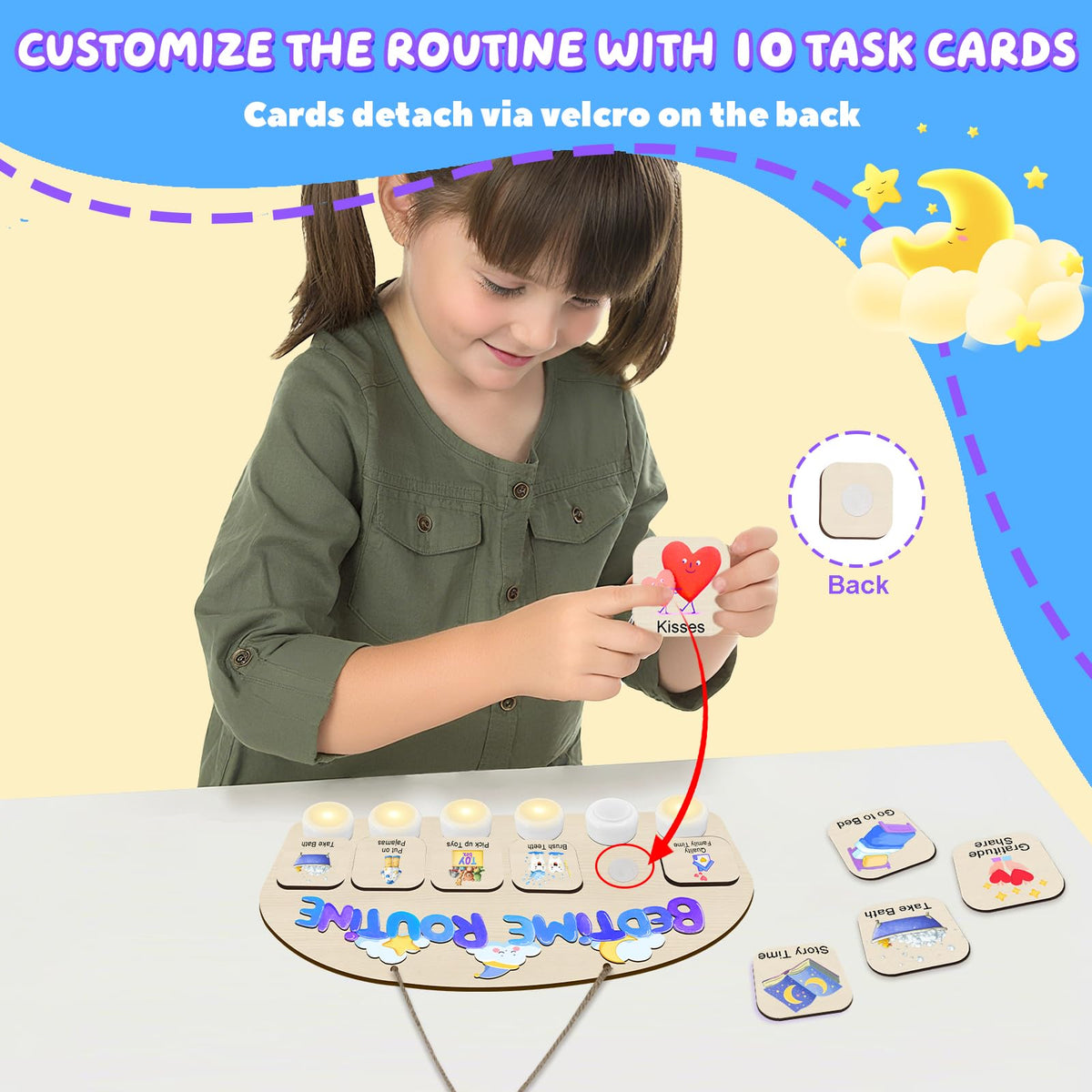 AINBIN Bedtime Routine Chart for Toddlers, Visual Schedule Chart Night to Do List with 6 Tap Lights & 10 Activity Cards Planning, Wooden Checklist Task Schedule Board for Kids, Autism, ADHD Planner