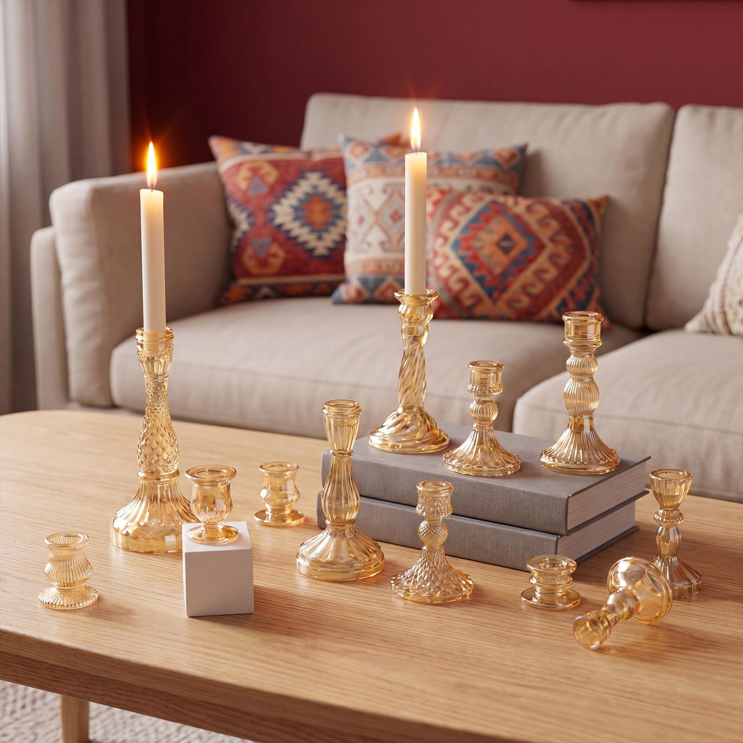 Mumufy 12 Pcs Glass Crystal Taper Candle Holders Gold Glass Candlestick Holder Fit 0.8 Inch Gold Ribbed Taper Candlestick Holders Centerpiece Table Wedding Party