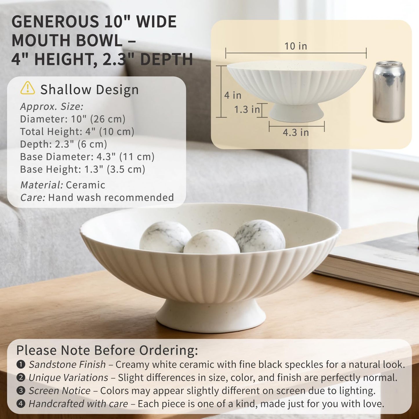 Afadorable 10 Inch Handmade Large Matte White Fluted Ceramic Pedestal Bowl, Decorative Fruit Bowl with Sandstone Speckles – Modern Farmhouse Centerpiece for Kitchen Counter, Entryway & Dining Table