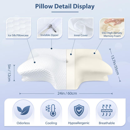 HOMCA Cervical Pillow, Ergonomic Memory Foam Pillow for Neck and Shoulder Pain Relief with Cooling Ice Silk Pillowcase, Orthopedic Neck Bed Pillow for Side, Back and Stomach Sleepers