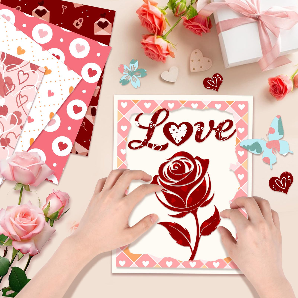 Konsait 24 Sheet Valentine's Day Pattern Paper Love Scrapbook Supplies Single Sided 6x6 Scrapbook Paper Valentine Supplies for Diy Making Greeting Cards and Decorating Photo Albums