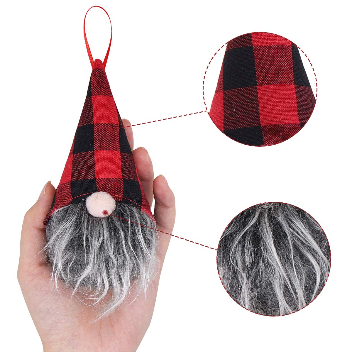Ivenf 8 Pack 5.5 Inch Handmade Plush Tomte Gnome Hanging Ornaments, Swedish Scandinavian Santa with Buffalo Check Plaid Hat, Christmas Decorations