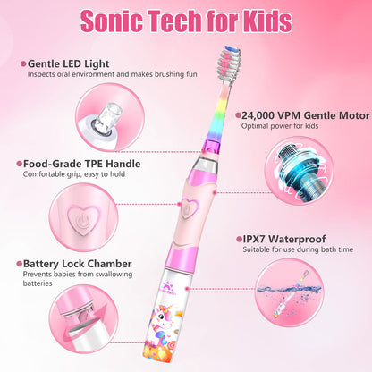 Kids Electric Toothbrush 3-5-6-12, Toddler Toothbrush Girls Electric Toothbrush with Timer Rainbow LED Light Up Sonic Battery Powered Junior Childrens Electric Toothbrush (Unicorn Pink)