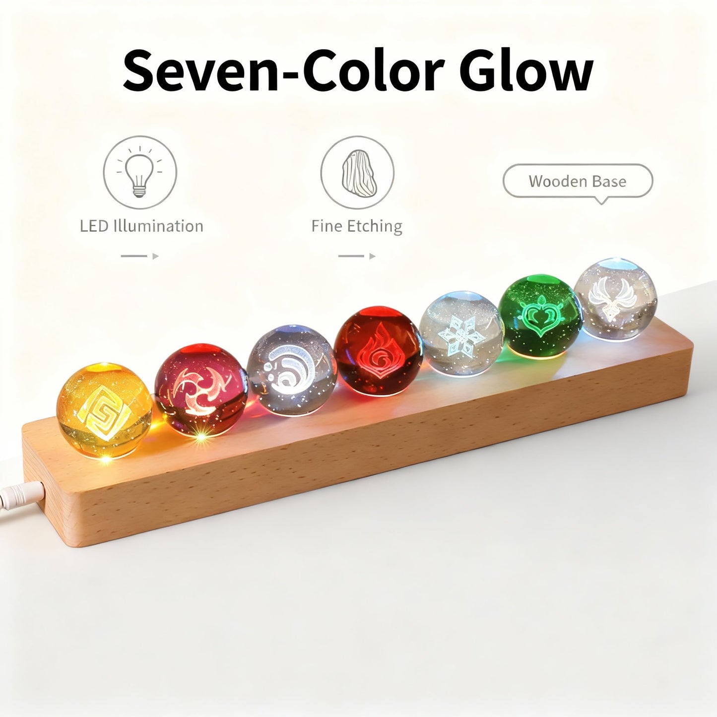 Huniruyo 40mm Crystal Quartz Stones 7 Chakra Natural Healing Spheres with LED Wooden Stand for Meditation Positive Energy Night Light Decoration Balls Set,Suitable for Home Decoration (Cultural)
