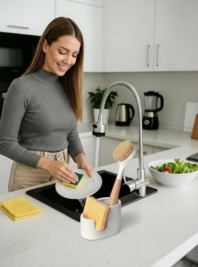 2-in-1 Ceramic Sponge Holder, Dish Sponge and Brush Holder