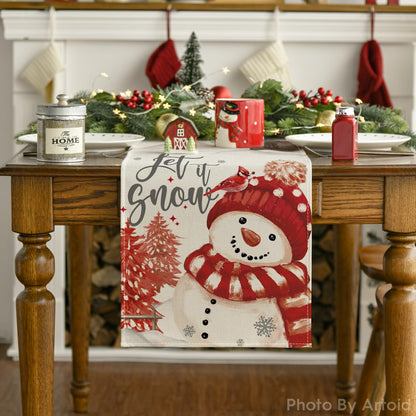 Artoid Mode Xmas Trees Let It Snow Red Snowman Christmas Table Runner, Seasonal Winter Holiday Kitchen Dining Table Decoration for Home Party Decor 13x72 Inch