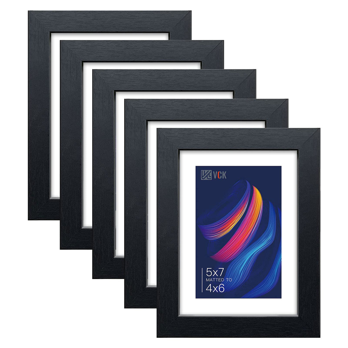 VCK 5x7 Picture Frame Black - 5 Pack, with Tempered Glass, Displays 4x6 Photo with Mat or 5 x 7 Without, for Horizontal/Vertical Tabletop & Wall Hanging in Home, Office, or Gallery
