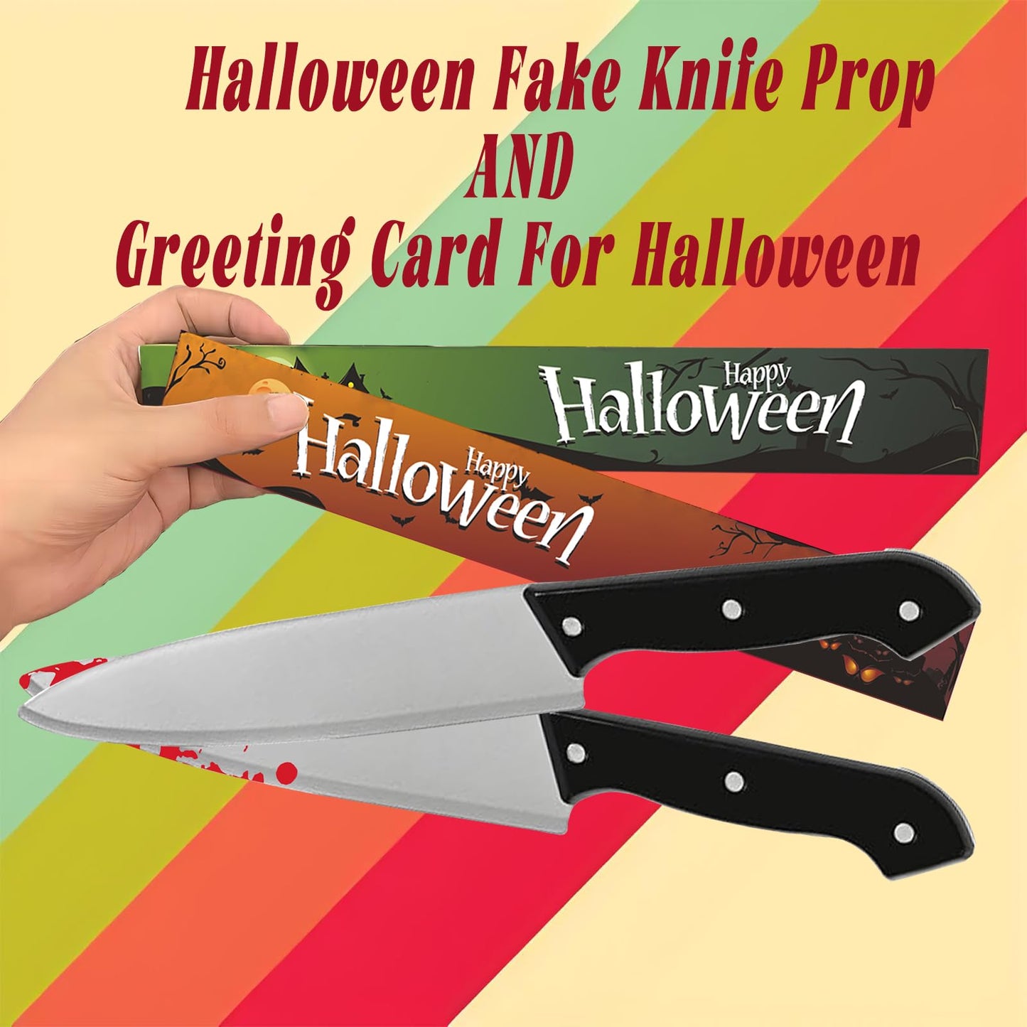 Nlcoek 2Pcs Halloween Fake Knife Prop,Fake Knife,Halloween Classic Horror Props Kills Butcher Knife Prop (Silver+red)