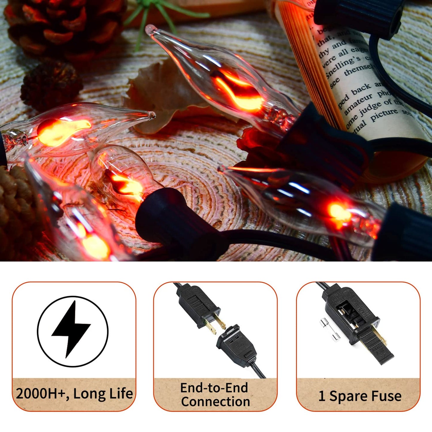 27.8Ft Halloween Decorations Flickering Flame String Lights with 29 Pack Clear Glass Flame Light Bulbs (4 Spare), E12 Base, Great for Christmas Halloween Indoor Outdoor Home Party Decor, Black Wire